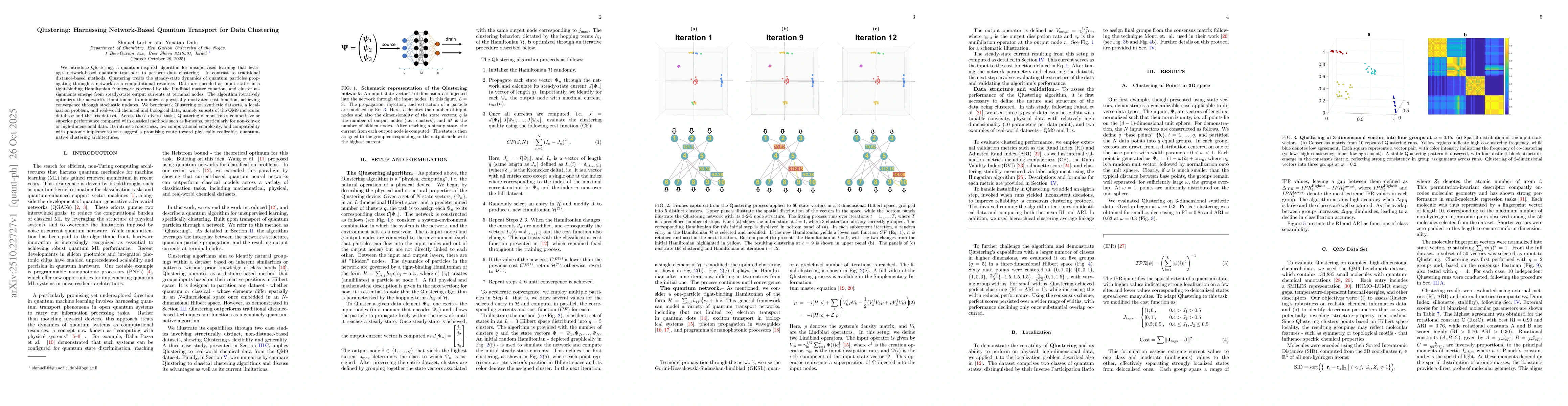Thumbnail for Qlustering: Harnessing Network-Based Quantum Transport for Data
  Clustering