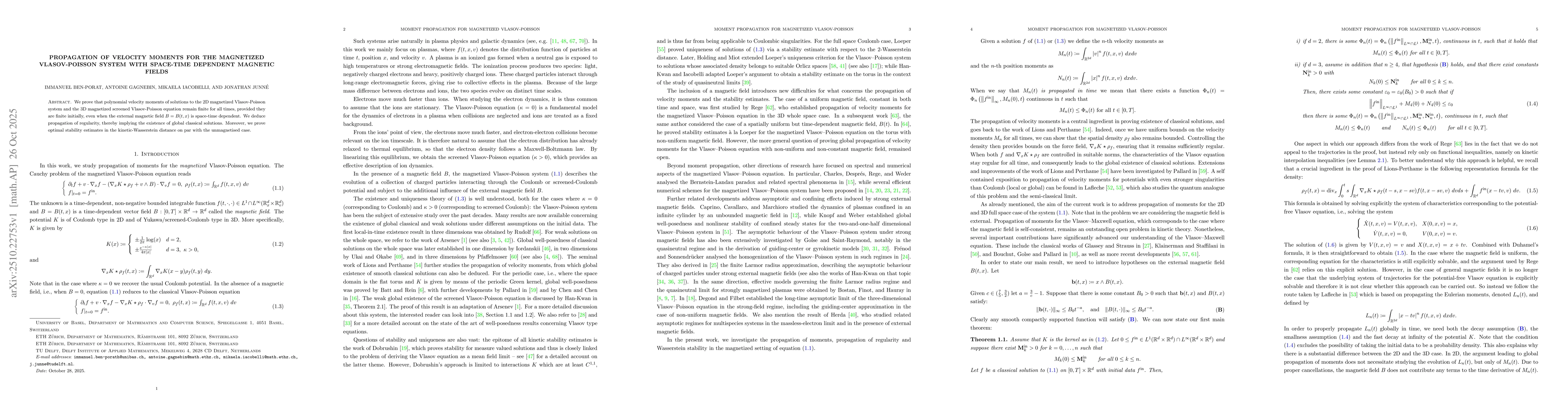 Thumbnail for Propagation of Velocity Moments for the Magnetized Vlasov-Poisson System
  with Space-Time Dependent Magnetic Fields