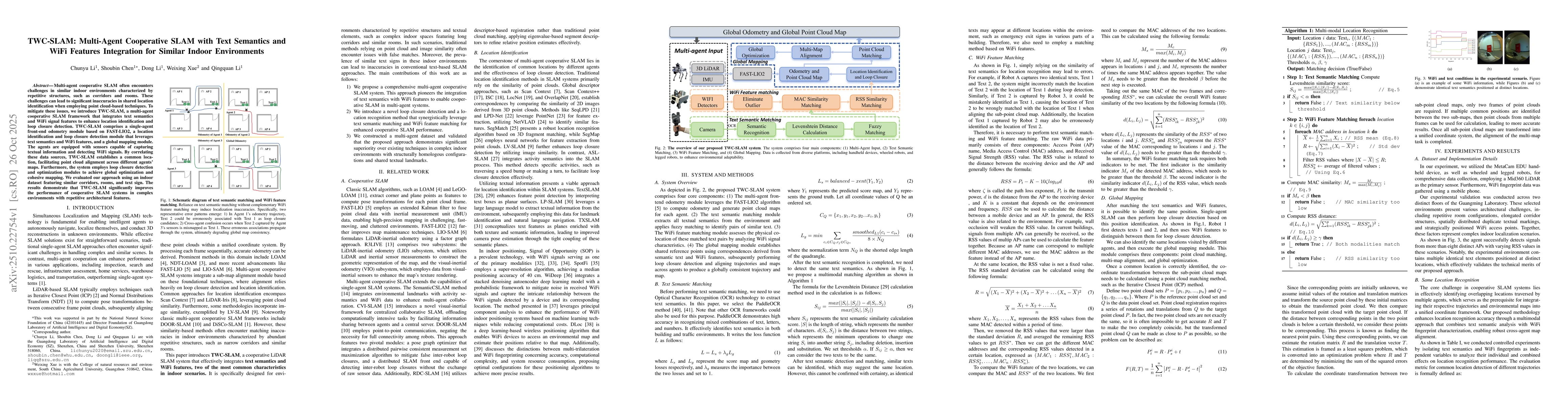 Thumbnail for TWC-SLAM: Multi-Agent Cooperative SLAM with Text Semantics and WiFi
  Features Integration for Similar Indoor Environments