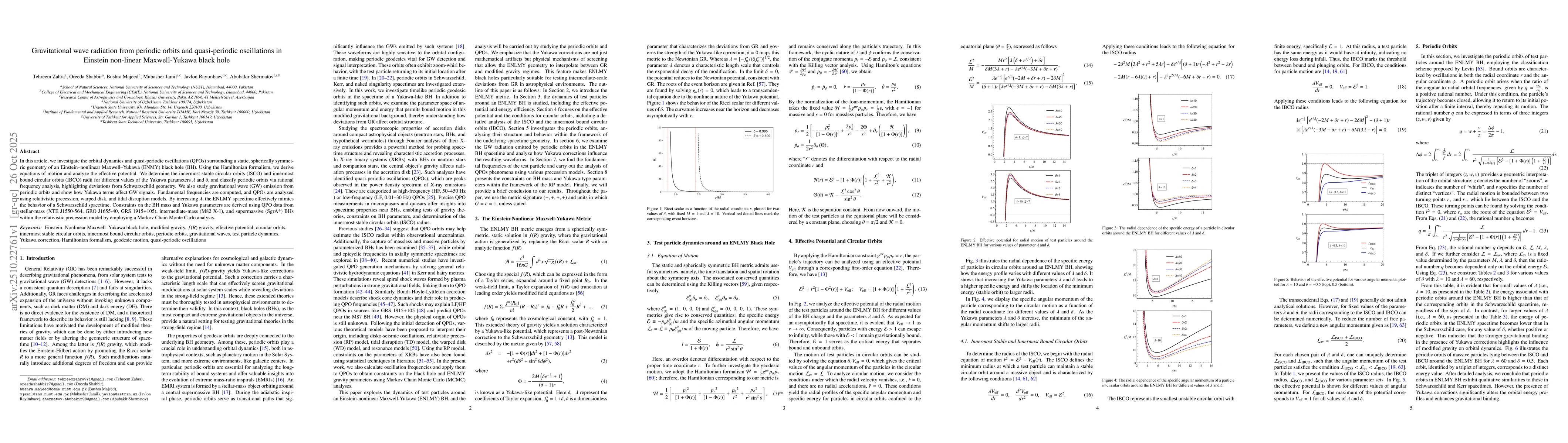 Thumbnail for Gravitational wave radiation from periodic orbits and quasi-periodic
  oscillations in Einstein non-linear Maxwell-Yukawa black hole