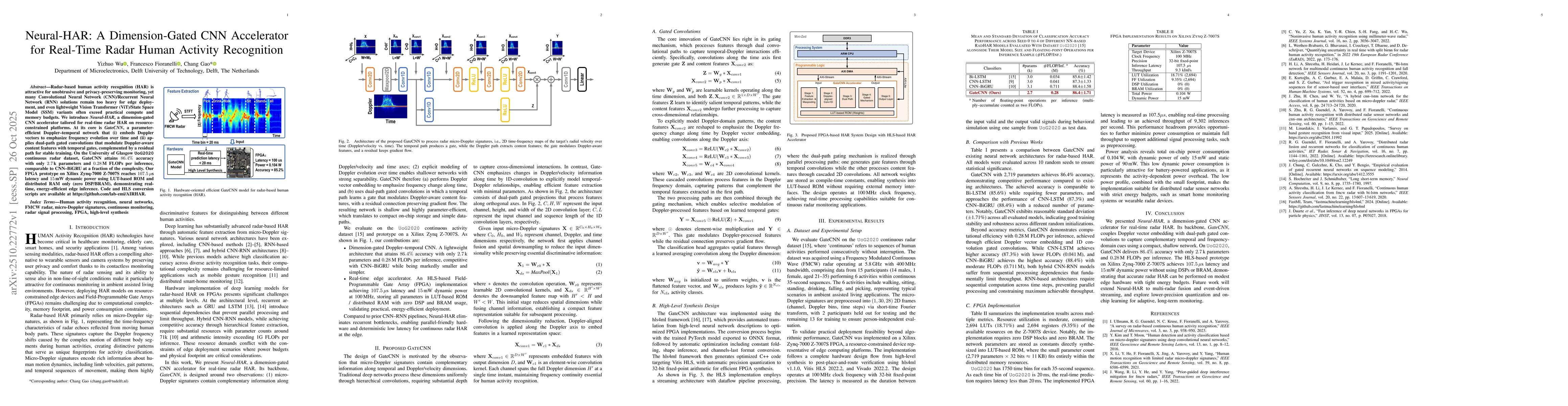 Thumbnail for Neural-HAR: A Dimension-Gated CNN Accelerator for Real-Time Radar Human
  Activity Recognition
