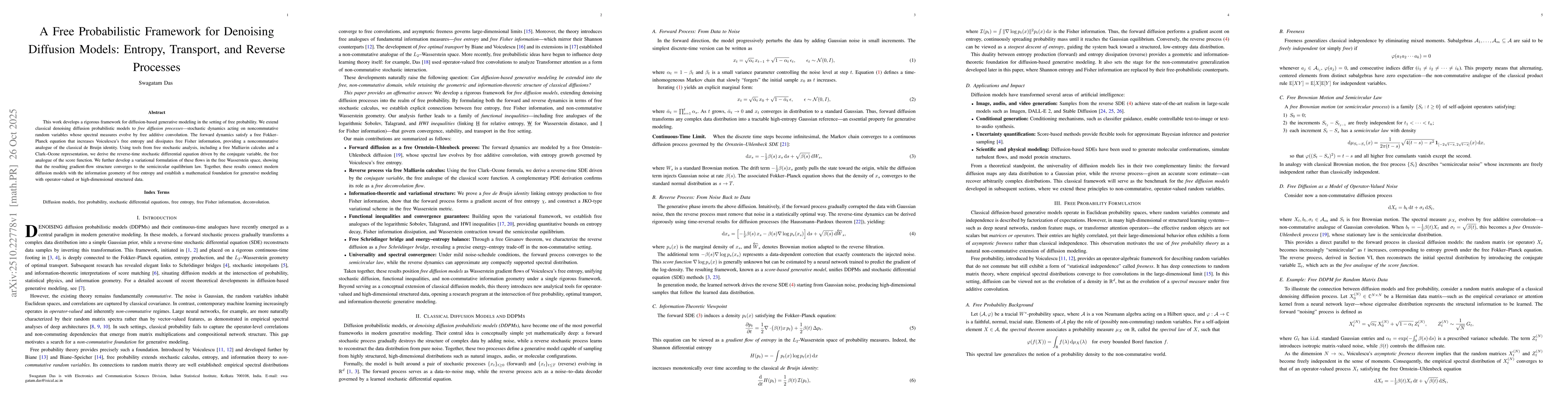Thumbnail for A Free Probabilistic Framework for Denoising Diffusion Models: Entropy,
  Transport, and Reverse Processes