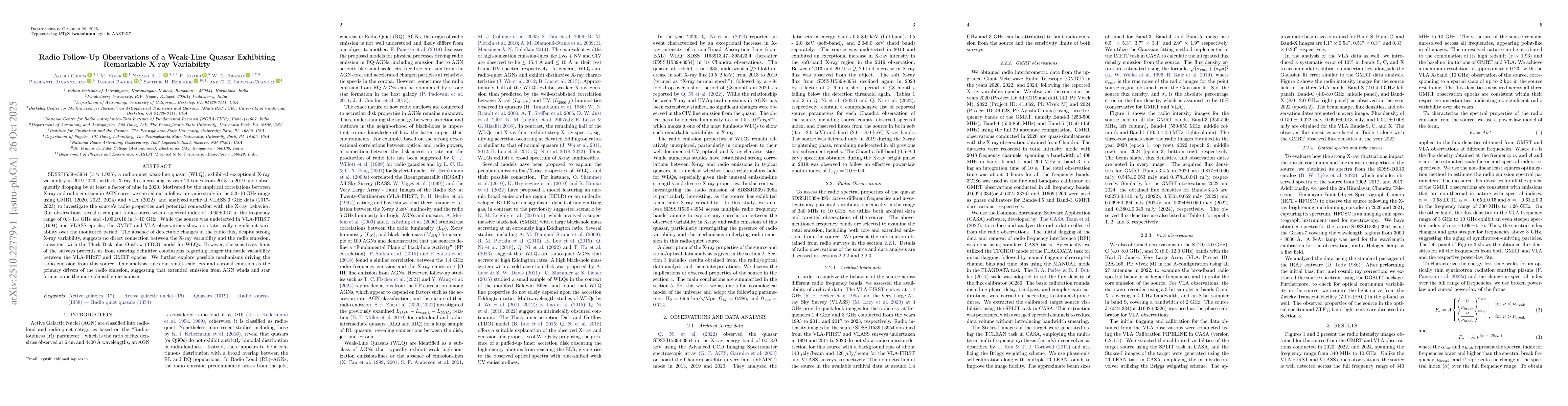 Thumbnail for Radio Follow-Up Observations of a Weak-Line Quasar Exhibiting Remarkable
  X-ray Variability