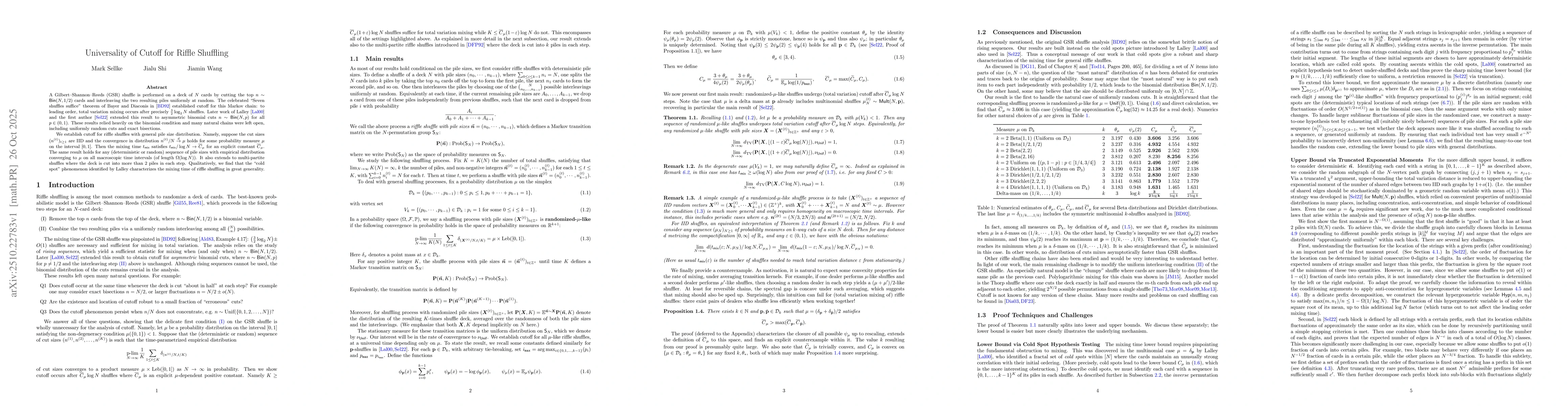 Thumbnail for Universality of Cutoff for Riffle Shuffling