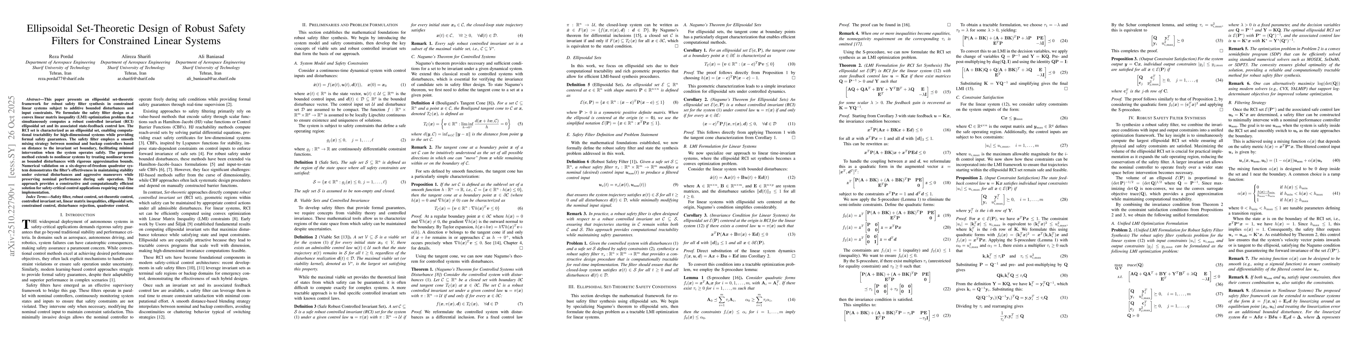 Thumbnail for Ellipsoidal Set-Theoretic Design of Robust Safety Filters for
  Constrained Linear Systems