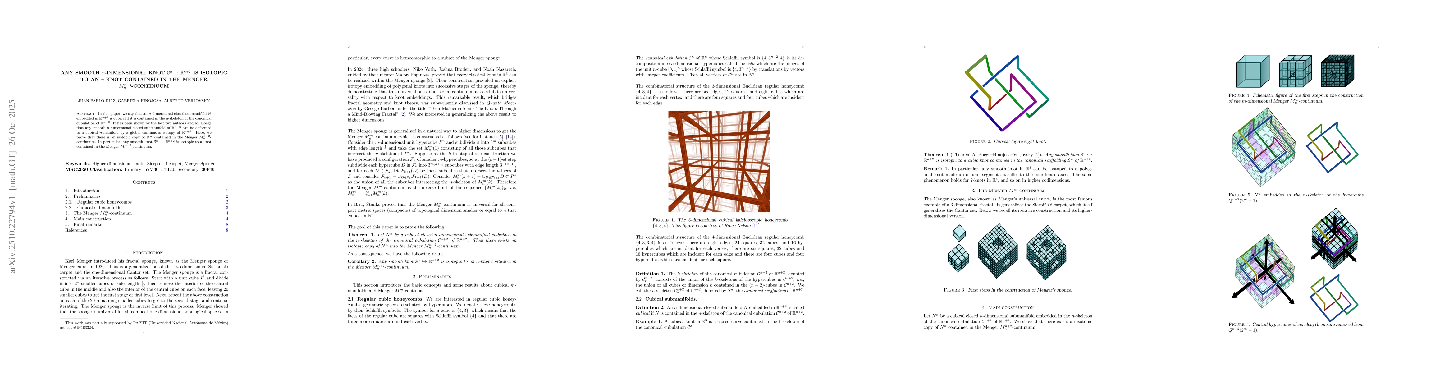 Thumbnail for Any smooth $n$-dimensional knot
  $\mathbb{S}^n\hookrightarrow\mathbb{R}^{n+2}$ is isotopic to an $n$-knot
  contained in the Menger $M^{n+2}_n$-continuum