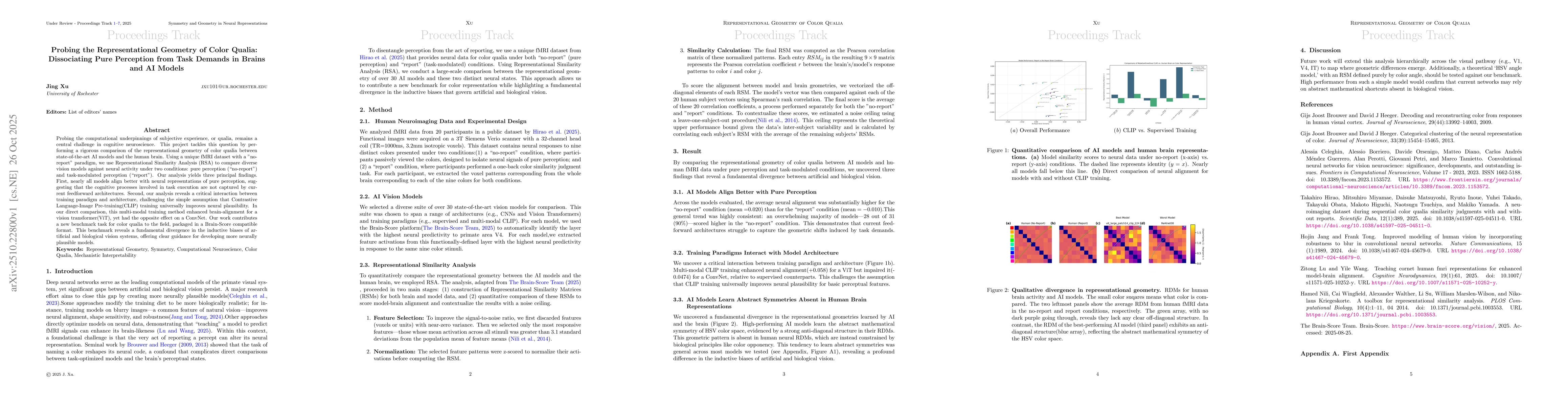 Thumbnail for Probing the Representational Geometry of Color Qualia: Dissociating Pure
  Perception from Task Demands in Brains and AI Models