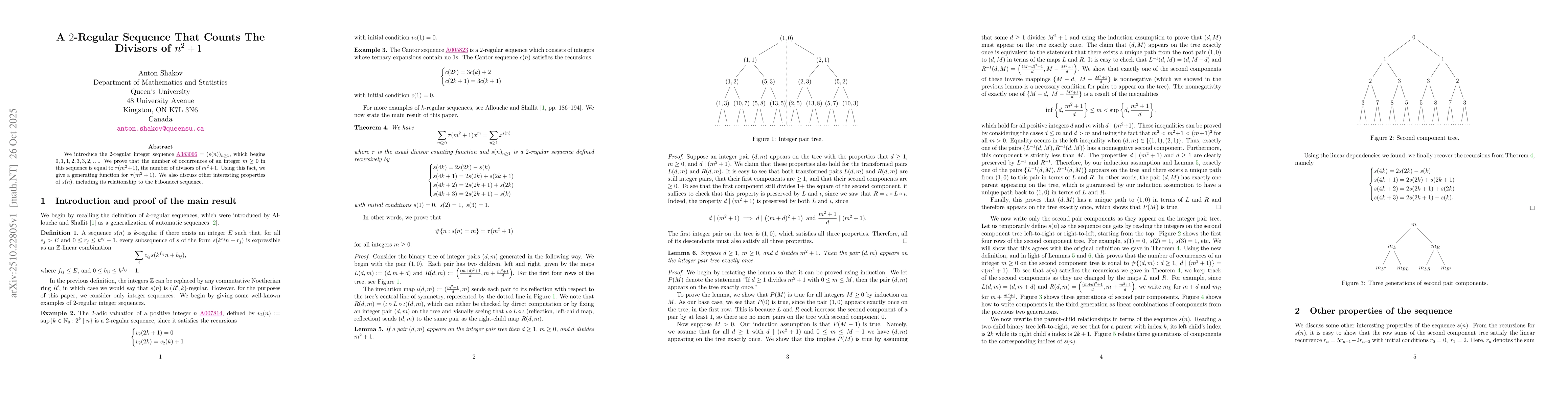 Thumbnail for A $2$-Regular Sequence That Counts The Divisors of $n^2 + 1$
