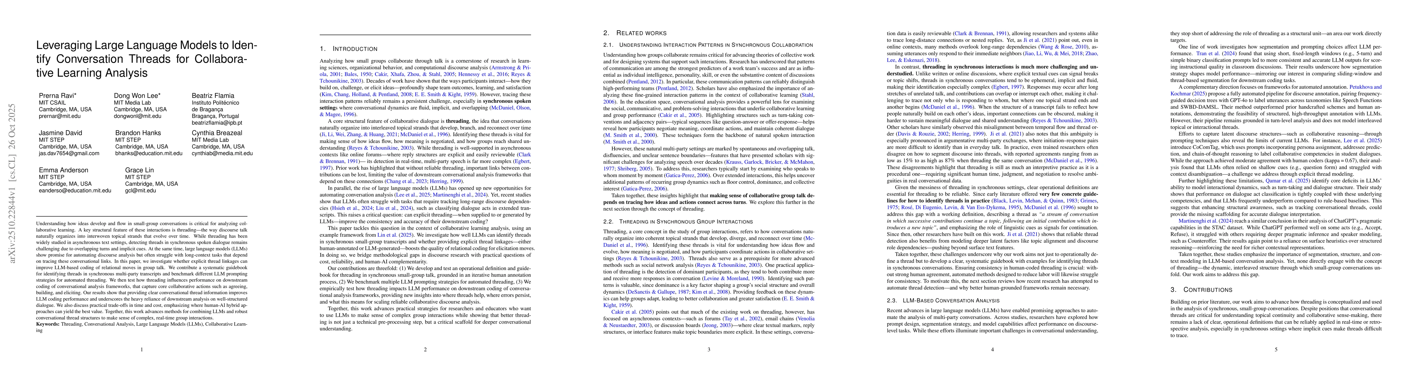 Thumbnail for Leveraging Large Language Models to Identify Conversation Threads in
  Collaborative Learning