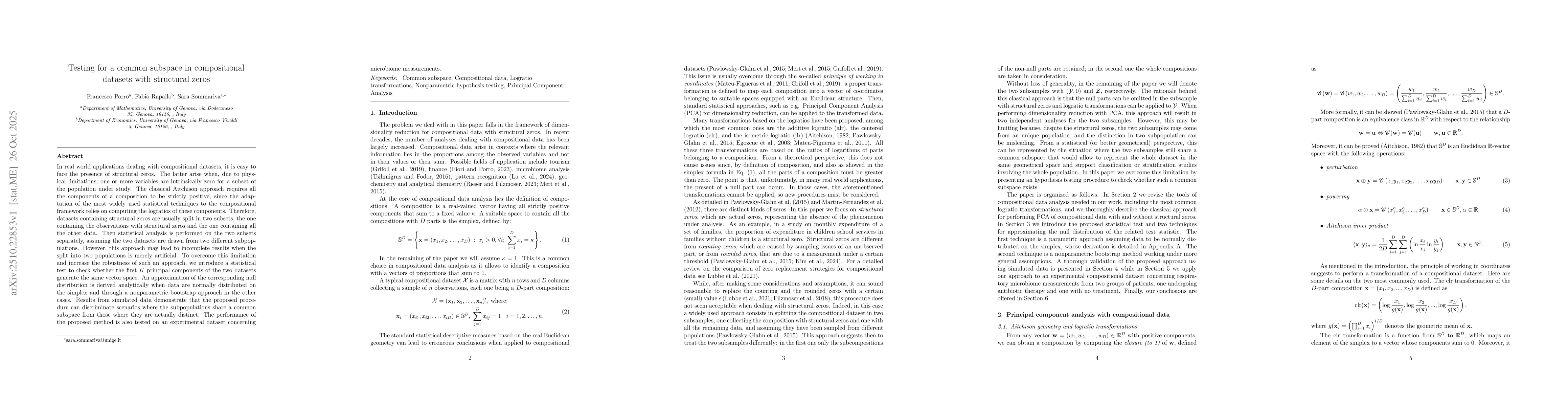 Thumbnail for Testing for a common subspace in compositional datasets with structural
  zeros