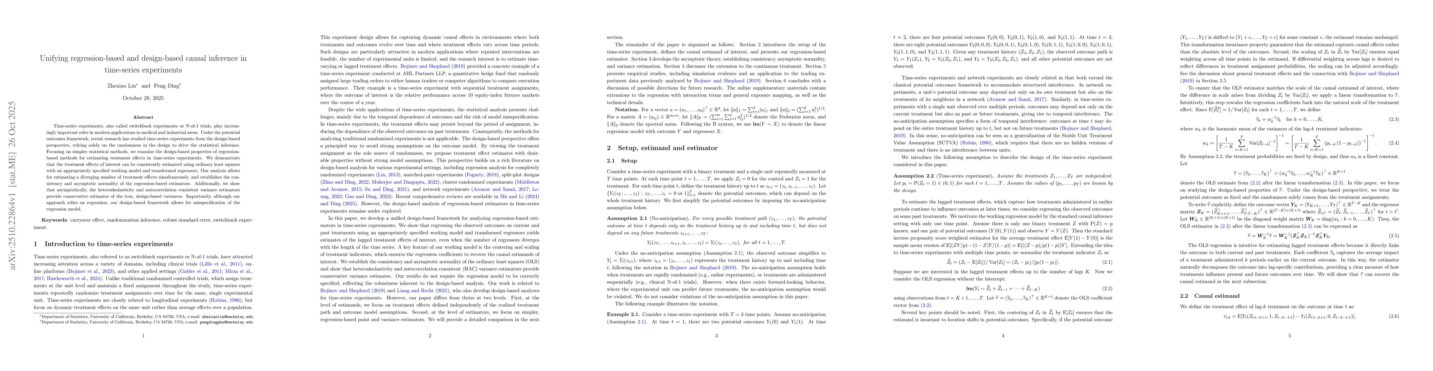 Thumbnail for Unifying regression-based and design-based causal inference in
  time-series experiments