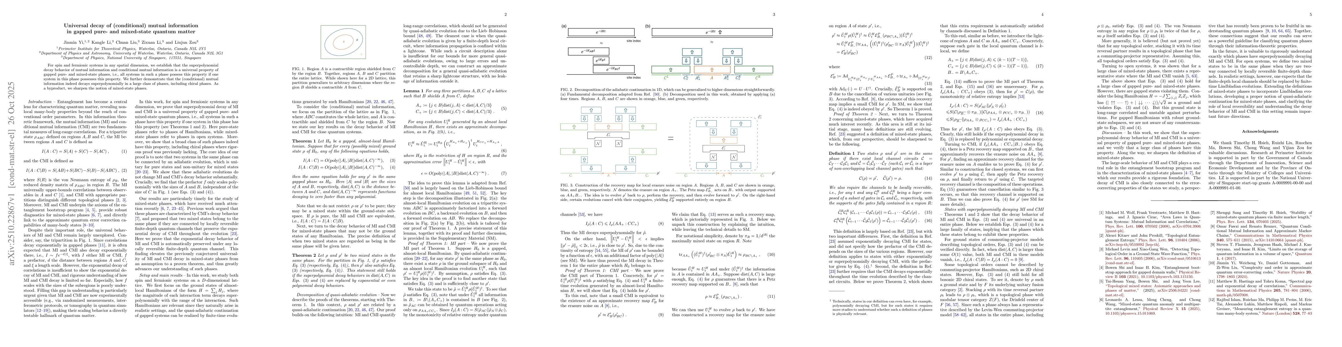 Thumbnail for Universal decay of (conditional) mutual information in gapped pure- and
  mixed-state quantum matter
