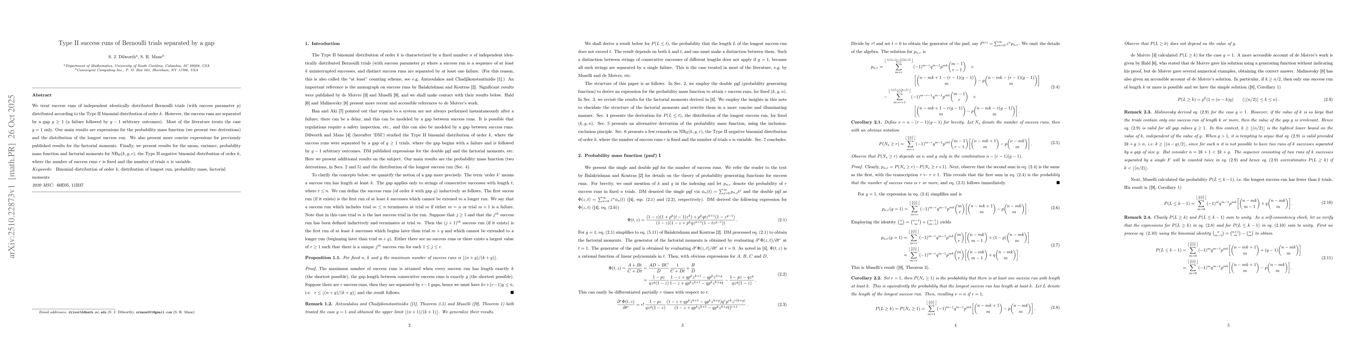 Thumbnail for Type II success runs of Bernoulli trials separated by a gap