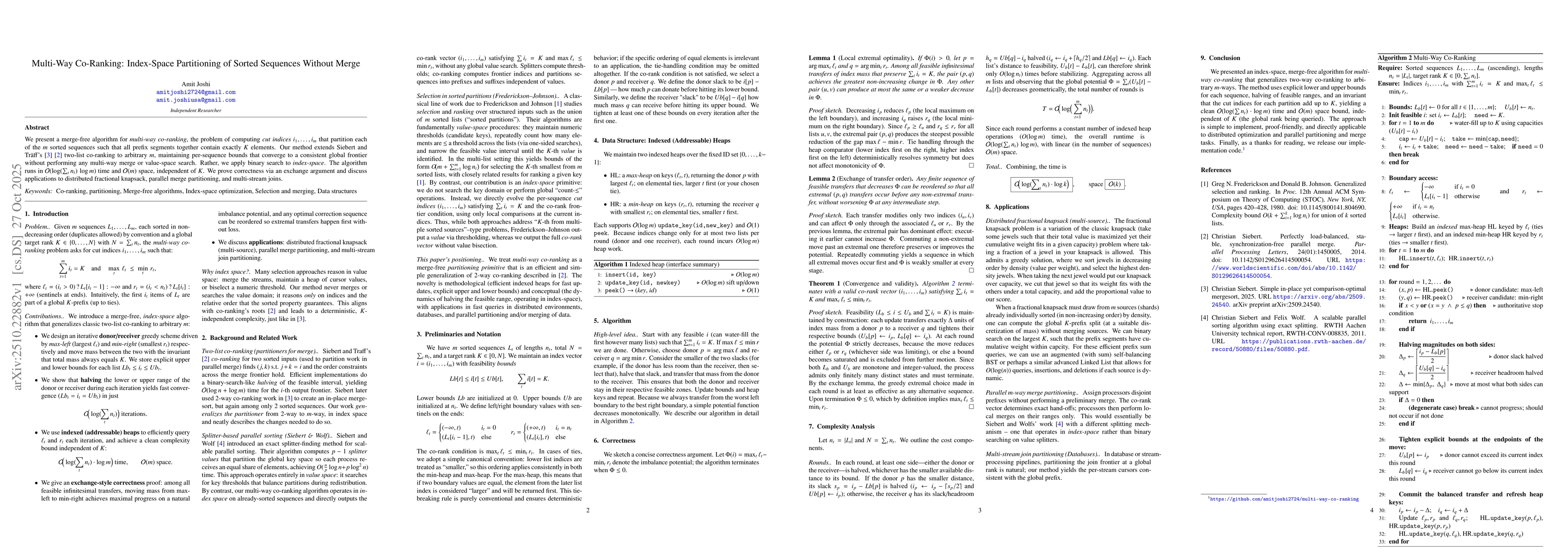 Thumbnail for Multi-Way Co-Ranking: Index-Space Partitioning of Sorted Sequences
  Without Merge