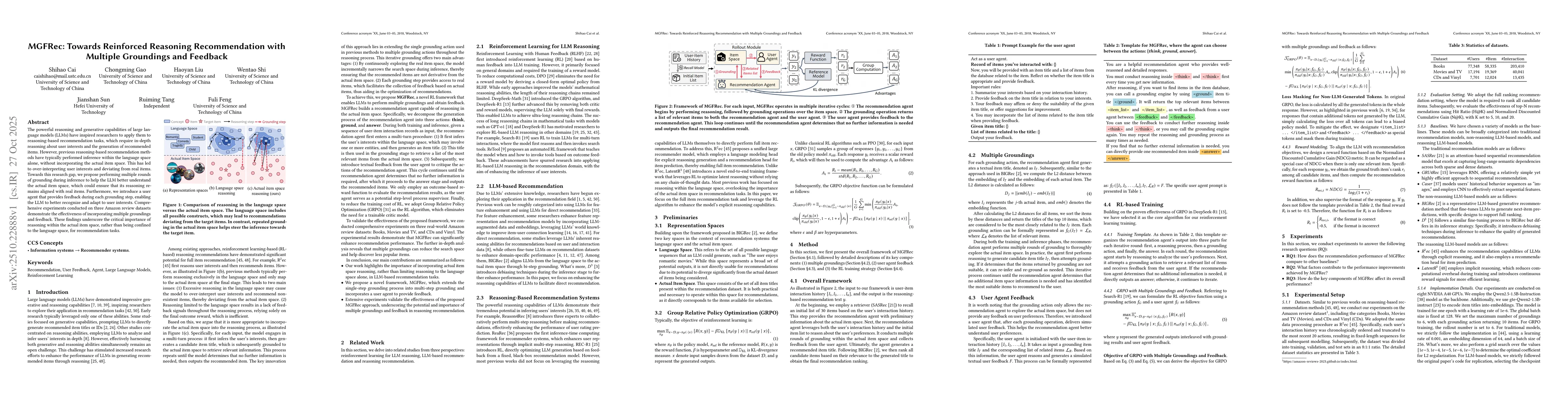 Thumbnail for MGFRec: Towards Reinforced Reasoning Recommendation with Multiple
  Groundings and Feedback