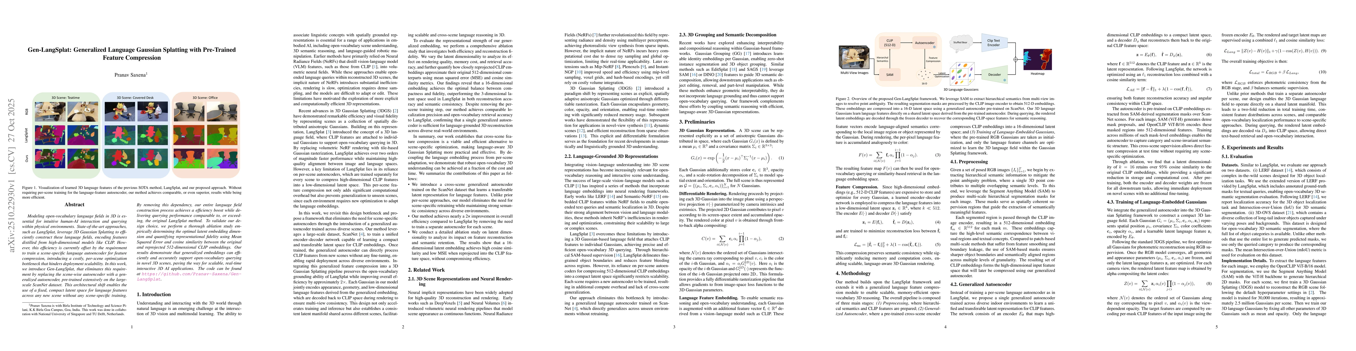 Thumbnail for Gen-LangSplat: Generalized Language Gaussian Splatting with Pre-Trained
  Feature Compression