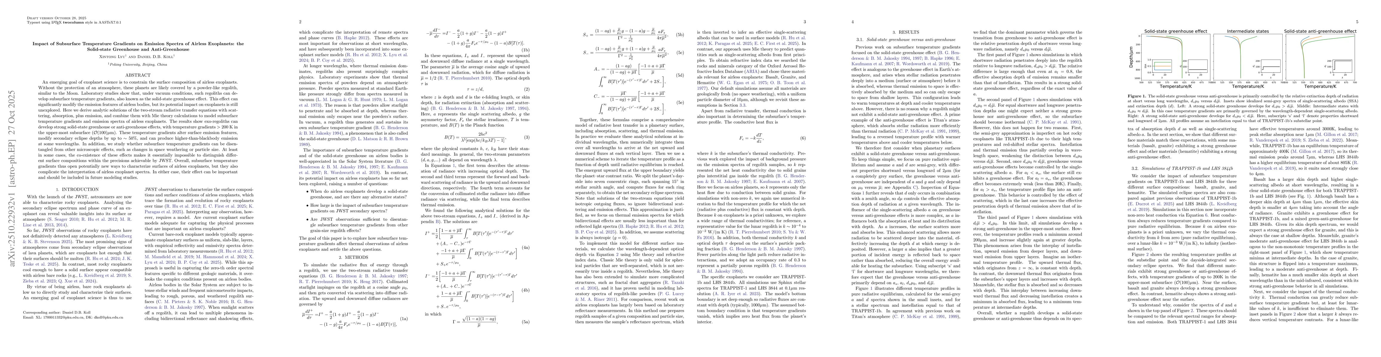 Thumbnail for Impact of Subsurface Temperature Gradients on Emission Spectra of
  Airless Exoplanets: the Solid-state Greenhouse and Anti-Greenhouse