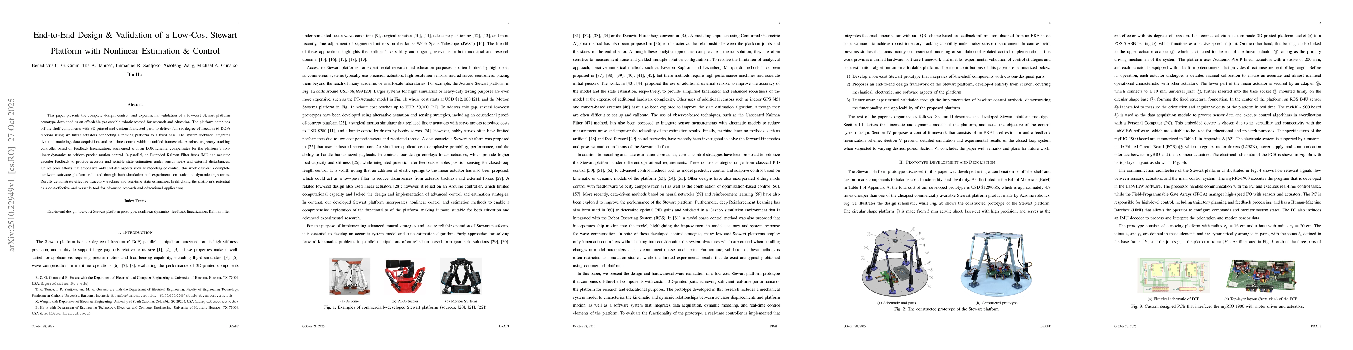Thumbnail for End-to-End Design and Validation of a Low-Cost Stewart Platform with
  Nonlinear Estimation and Control