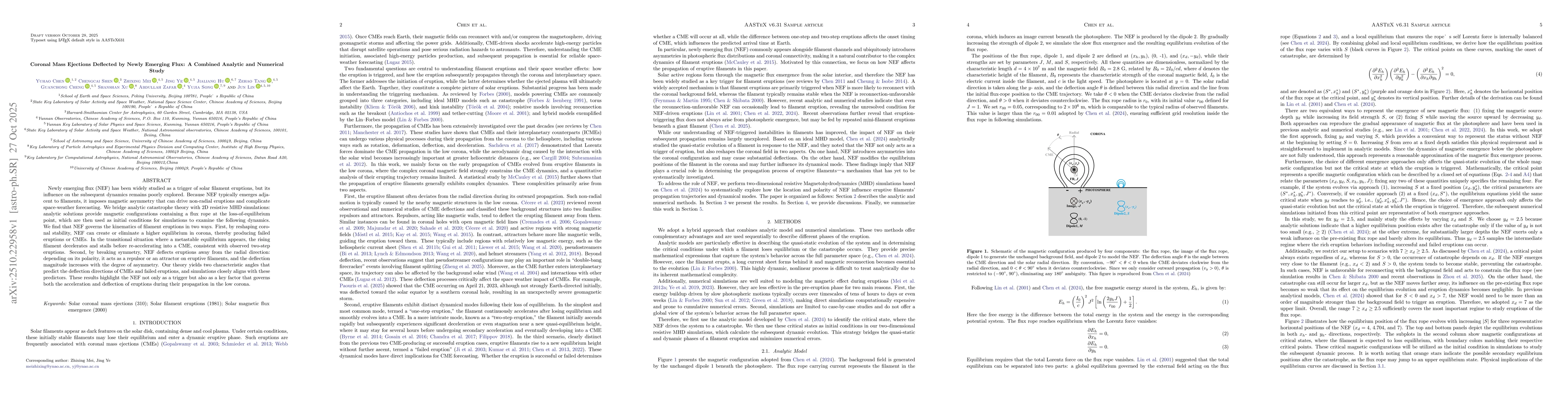 Thumbnail for Coronal Mass Ejections Deflected by Newly Emerging Flux: A Combined
  Analytic and Numerical Study