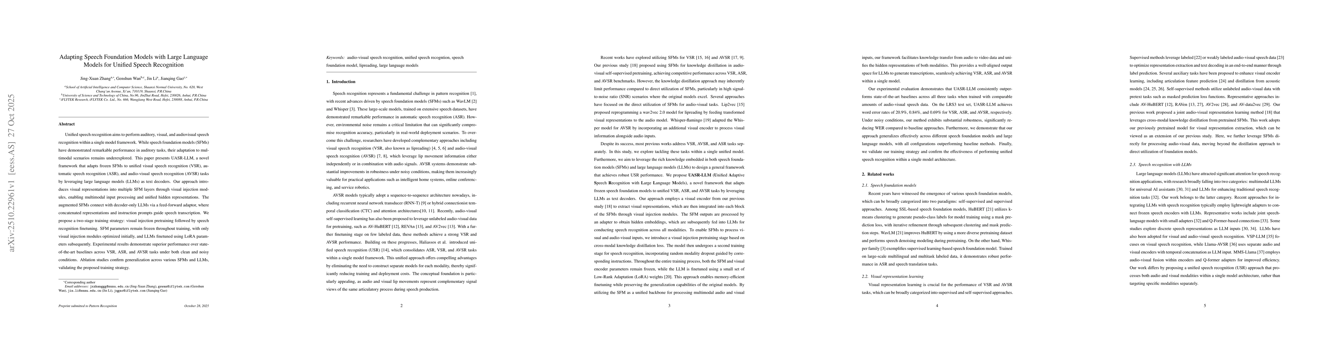 Thumbnail for Adapting Speech Foundation Models with Large Language Models for Unified
  Speech Recognition