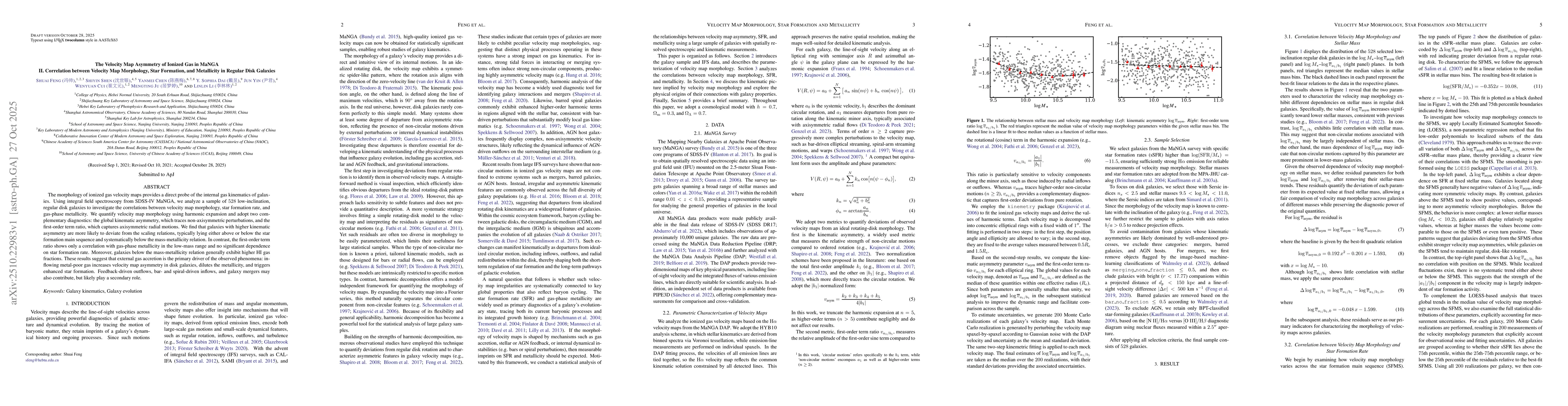 Thumbnail for The Velocity Map Asymmetry of Ionized Gas in MaNGA II. Correlation
  between Velocity Map Morphology, Star Formation, and Metallicity in Regular
  Disk Galaxies