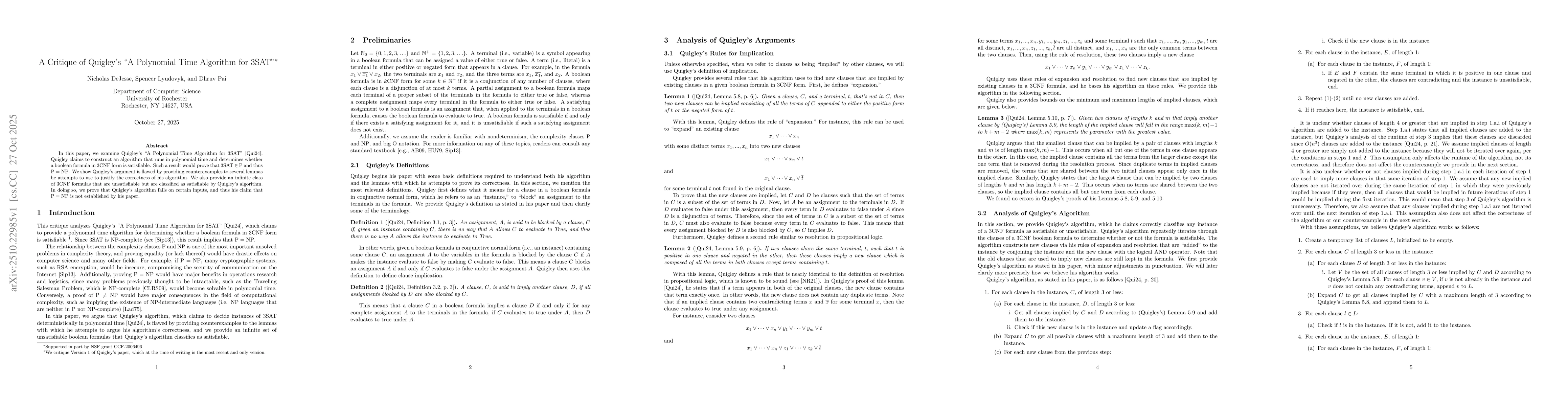 Thumbnail for A Critique of Quigley's "A Polynomial Time Algorithm for 3SAT"