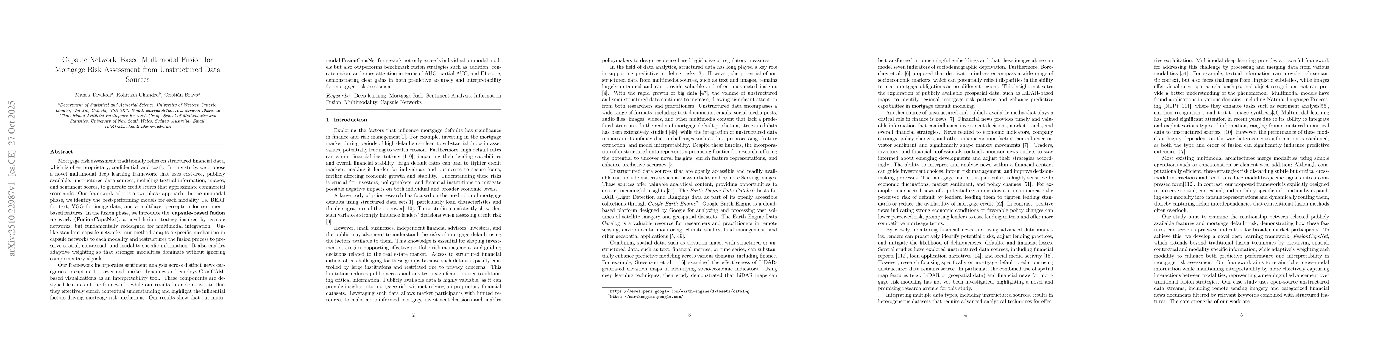 Thumbnail for Capsule Network-Based Multimodal Fusion for Mortgage Risk Assessment
  from Unstructured Data Sources