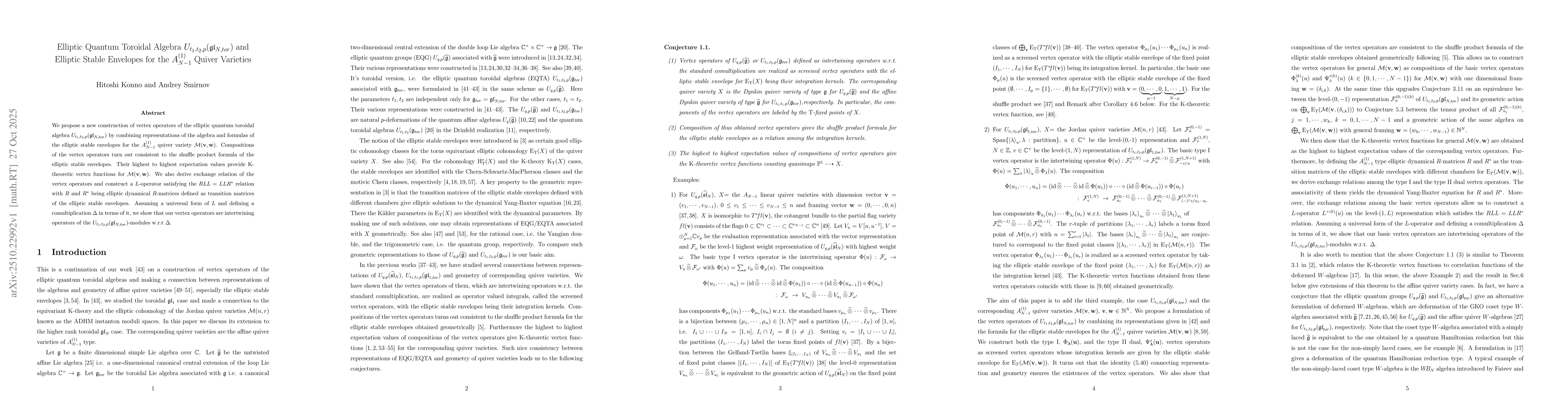 Thumbnail for Elliptic Quantum Toroidal Algebra $U_{t_1,t_2,p}(\mathfrak{gl}_{N,tor})$
  and Elliptic Stable Envelopes for the $A^{(1)}_{N-1}$ Quiver Varieties
