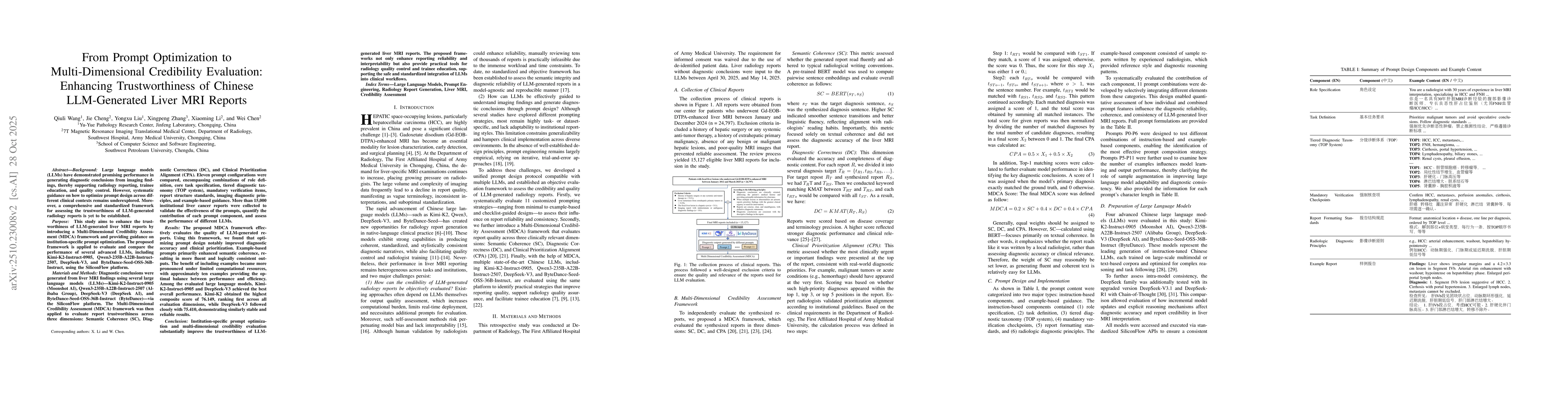 Thumbnail for From Prompt Optimization to Multi-Dimensional Credibility Evaluation:
  Enhancing Trustworthiness of Chinese LLM-Generated Liver MRI Reports