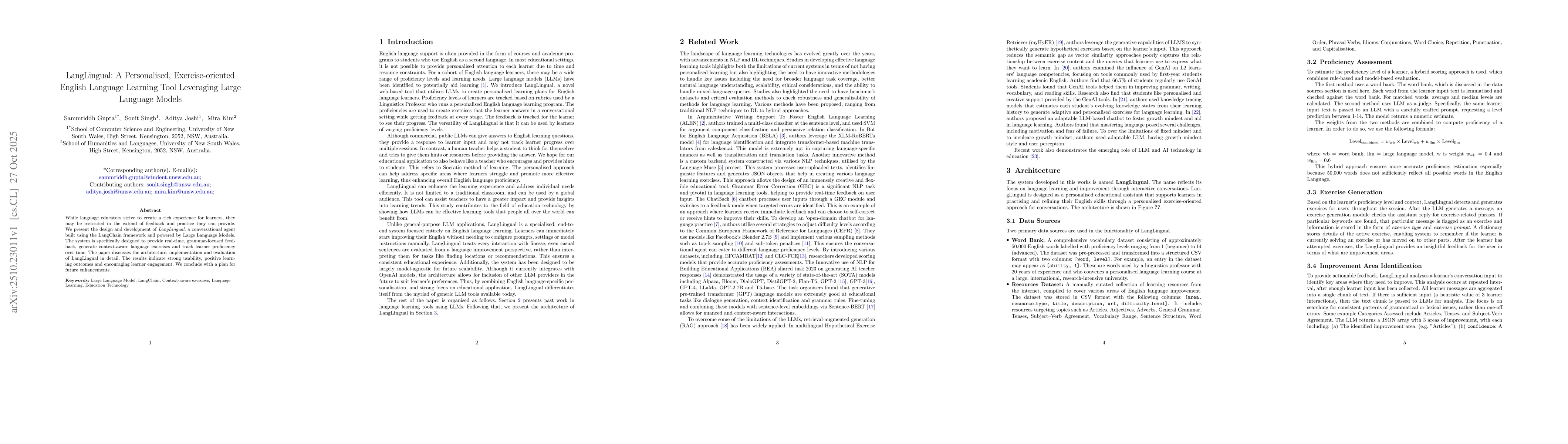 Thumbnail for LangLingual: A Personalised, Exercise-oriented English Language Learning
  Tool Leveraging Large Language Models