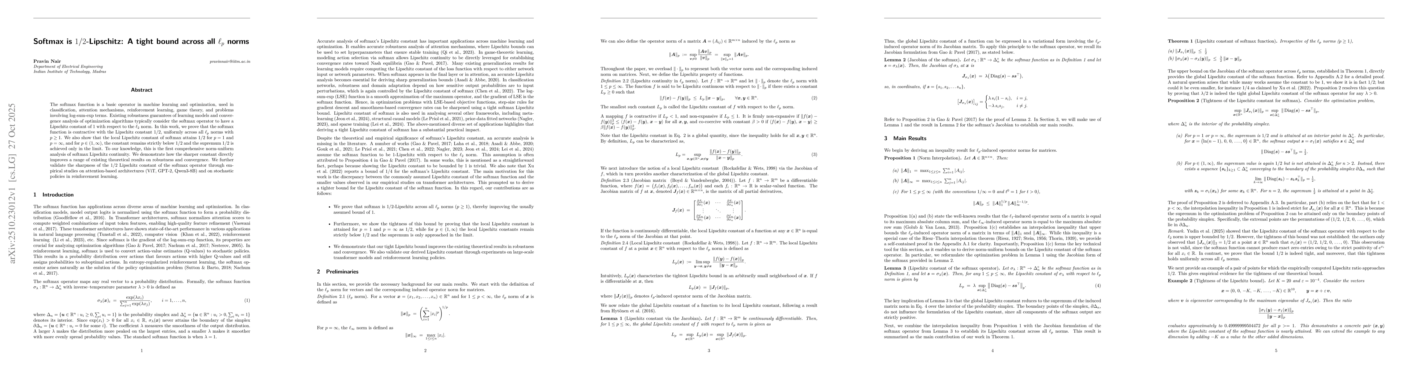 Thumbnail for Softmax is $1/2$-Lipschitz: A tight bound across all $\ell_p$ norms