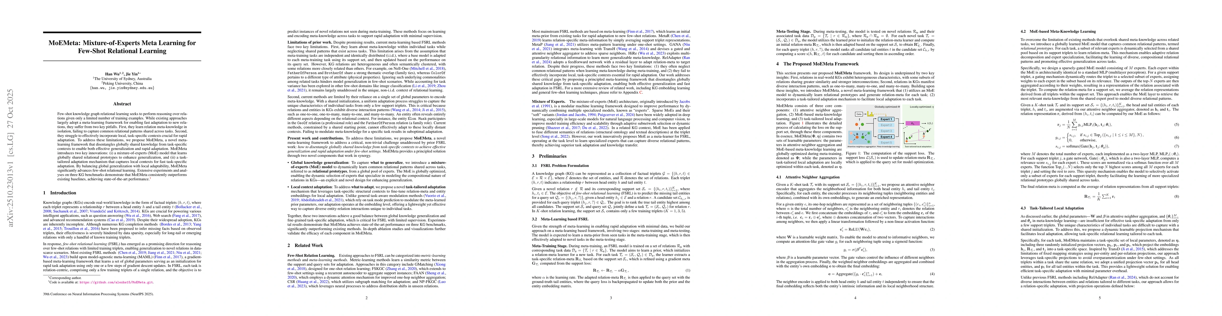 Thumbnail for MoEMeta: Mixture-of-Experts Meta Learning for Few-Shot Relational
  Learning