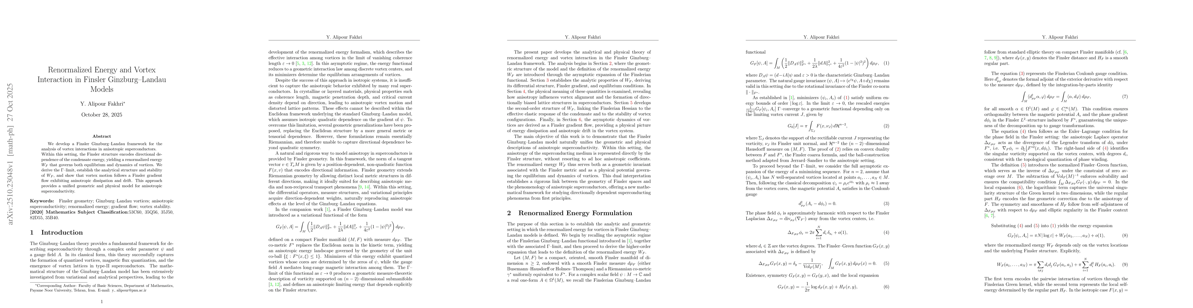 Thumbnail for Renormalized Energy and Vortex Interaction in Finsler Ginzburg-Landau
  Models