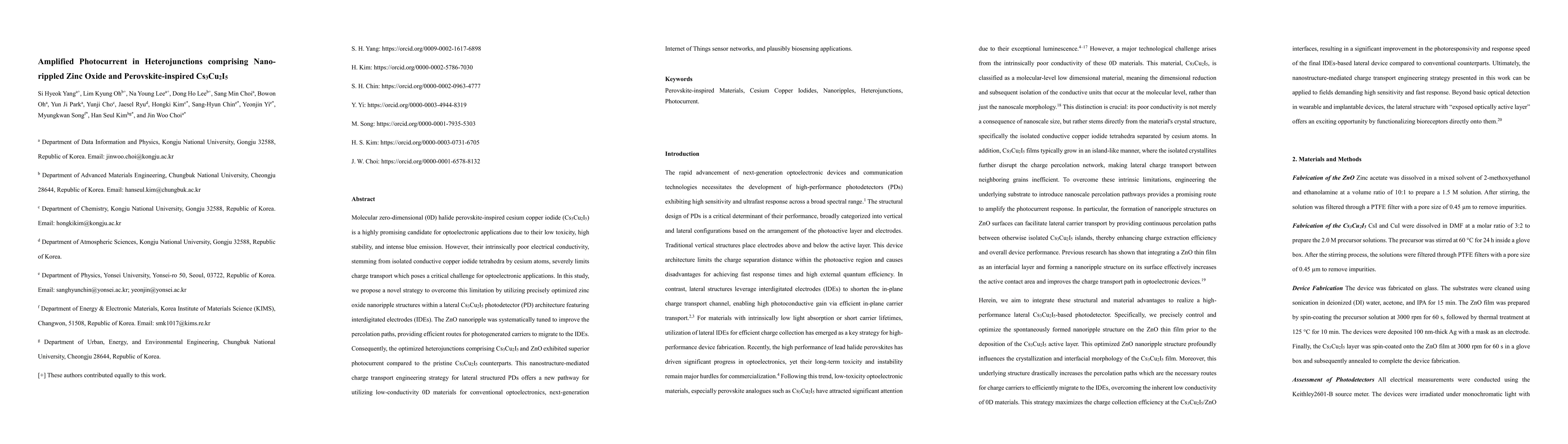 Thumbnail for Amplified Photocurrent in Heterojunctions comprising Nano-rippled Zinc
  Oxide and Perovskite-inspired Cs3Cu2I5