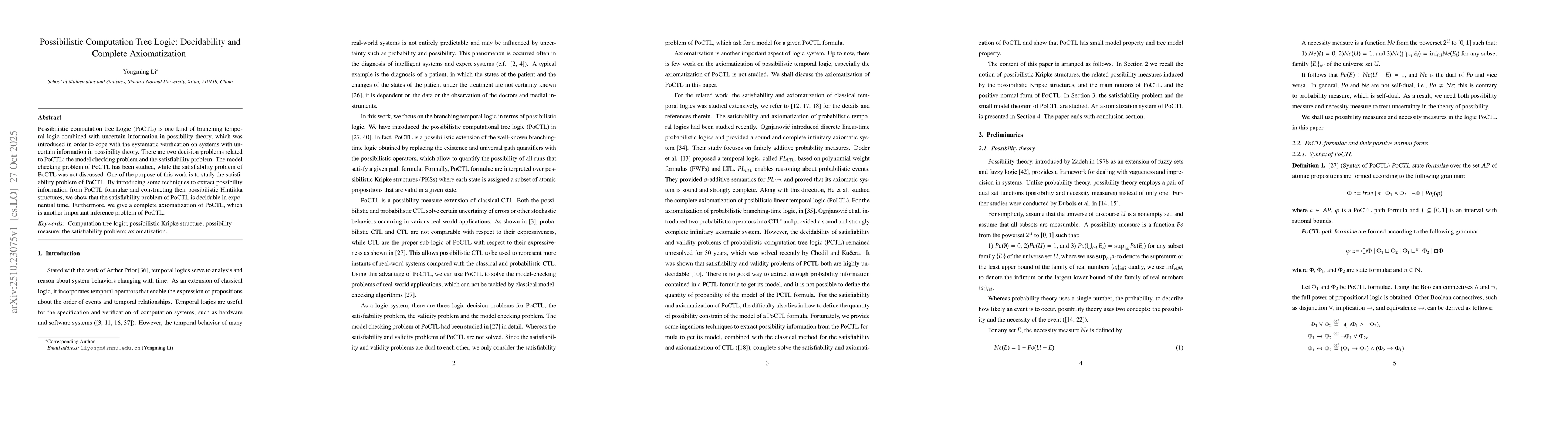 Thumbnail for Possibilistic Computation Tree Logic: Decidability and Complete
  Axiomatization