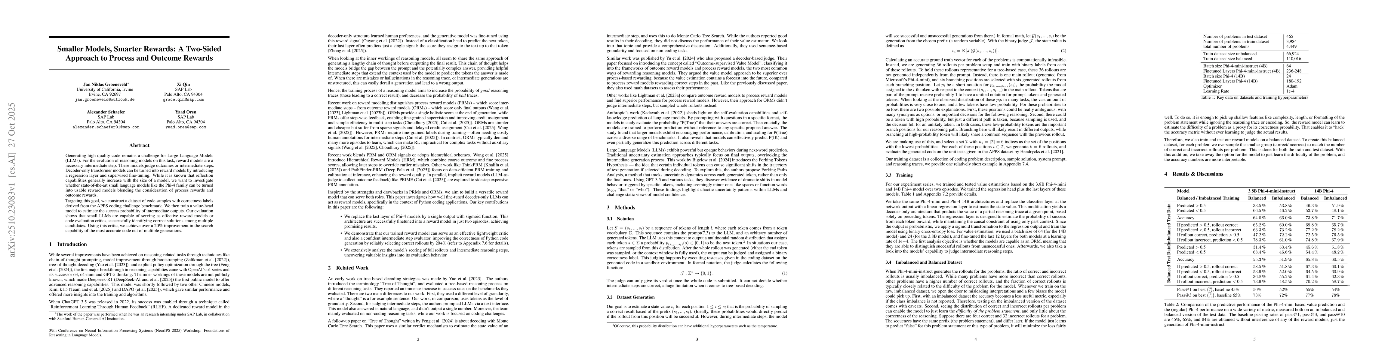 Thumbnail for Smaller Models, Smarter Rewards: A Two-Sided Approach to Process and
  Outcome Rewards