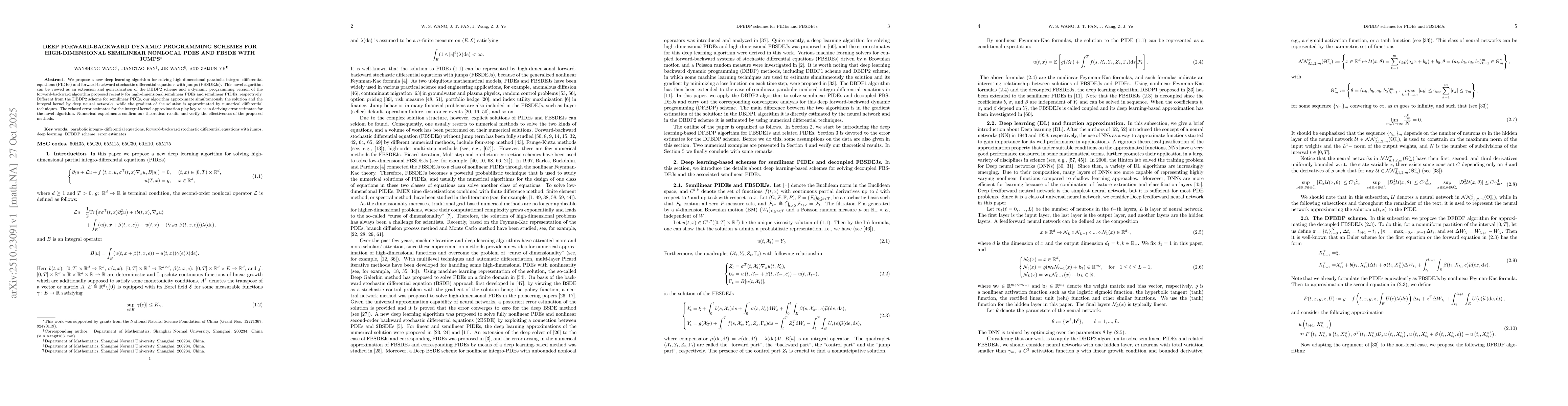 Thumbnail for Deep Forward-Backward Dynamic Programming Schemes for High-Dimensional
  Semilinear Nonlocal PDEs and FBSDE with Jumps