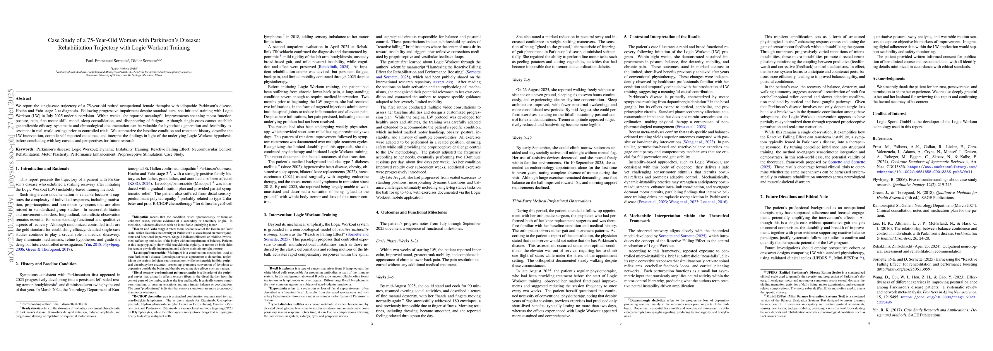 Thumbnail for Case Study of a 75-Year-Old Woman with Parkinson's Disease:
  Rehabilitation Trajectory with Logic Workout Training