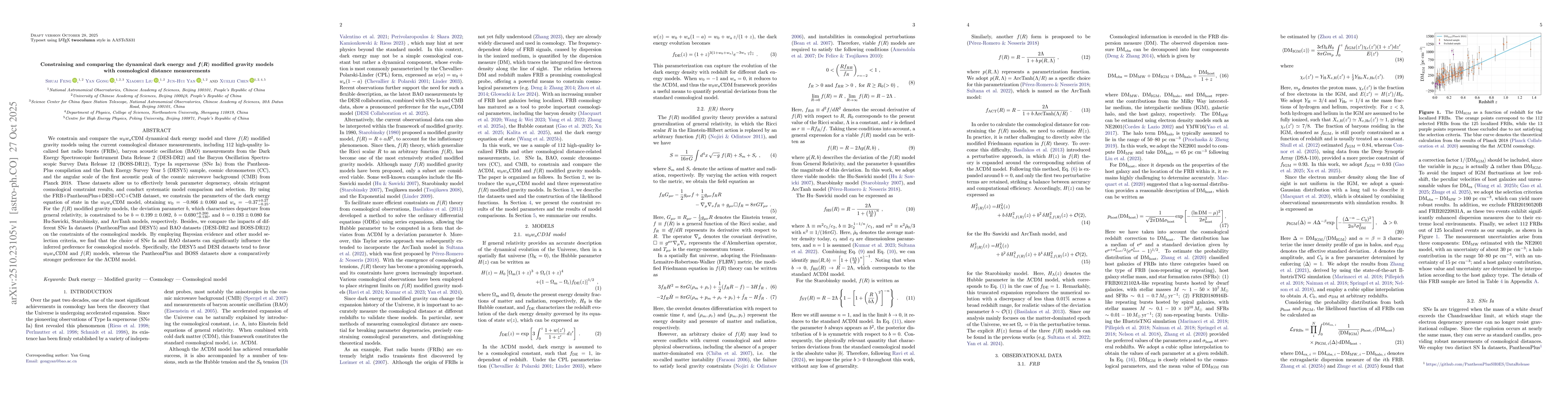 Thumbnail for Constraining and Comparing the Dynamical Dark Energy and f(R) Modified
  Gravity Models with Cosmological Distance Measurements