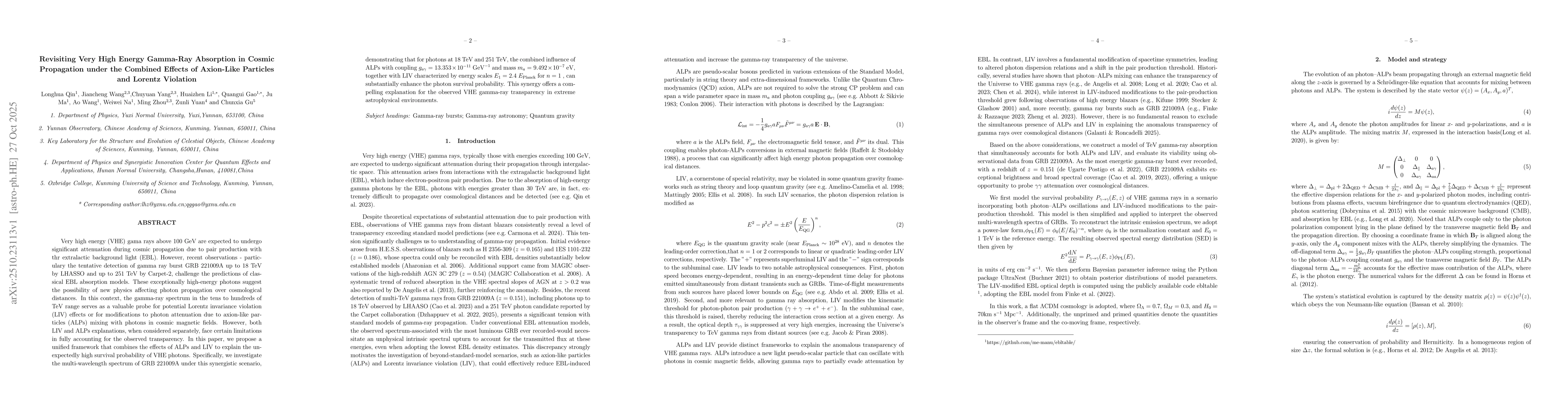 Thumbnail for Revisiting Very High Energy Gamma-Ray Absorption in Cosmic Propagation
  under the Combined Effects of Axion-Like Particles and Lorentz Violation
