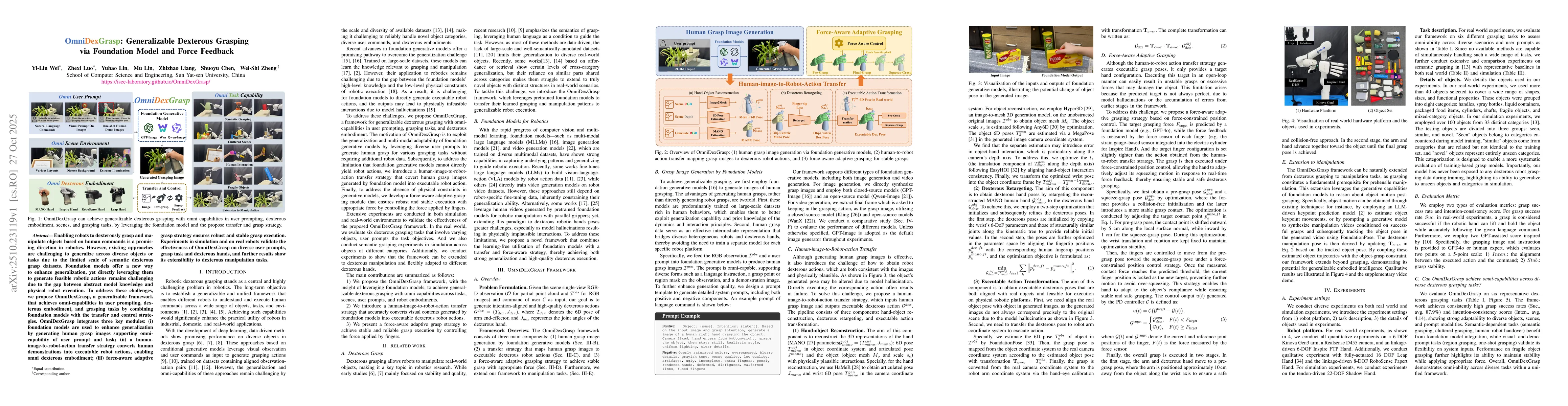 Thumbnail for OmniDexGrasp: Generalizable Dexterous Grasping via Foundation Model and
  Force Feedback