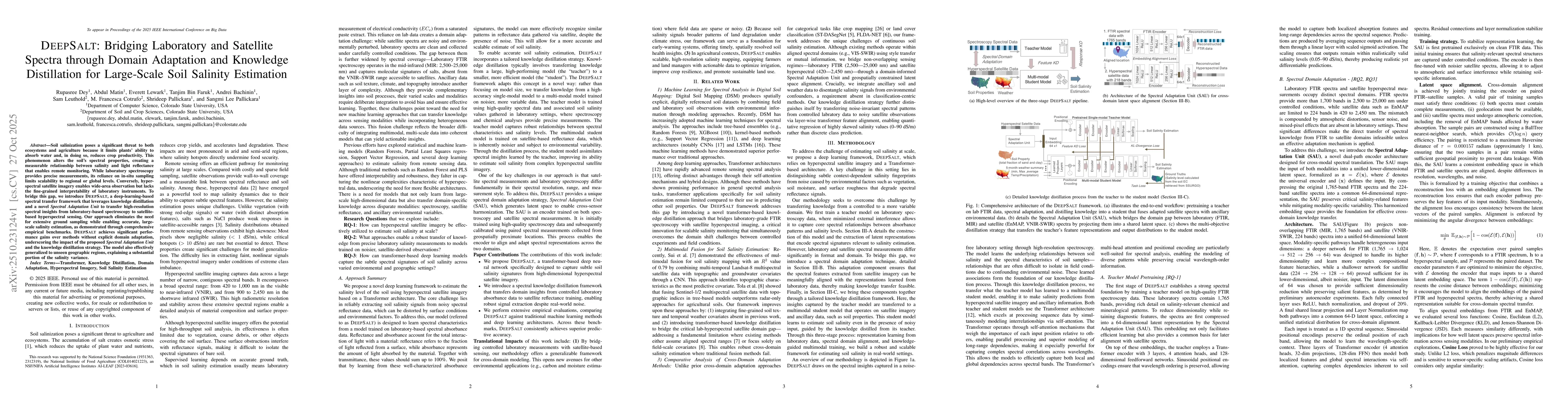 Thumbnail for DeepSalt: Bridging Laboratory and Satellite Spectra through Domain
  Adaptation and Knowledge Distillation for Large-Scale Soil Salinity
  Estimation