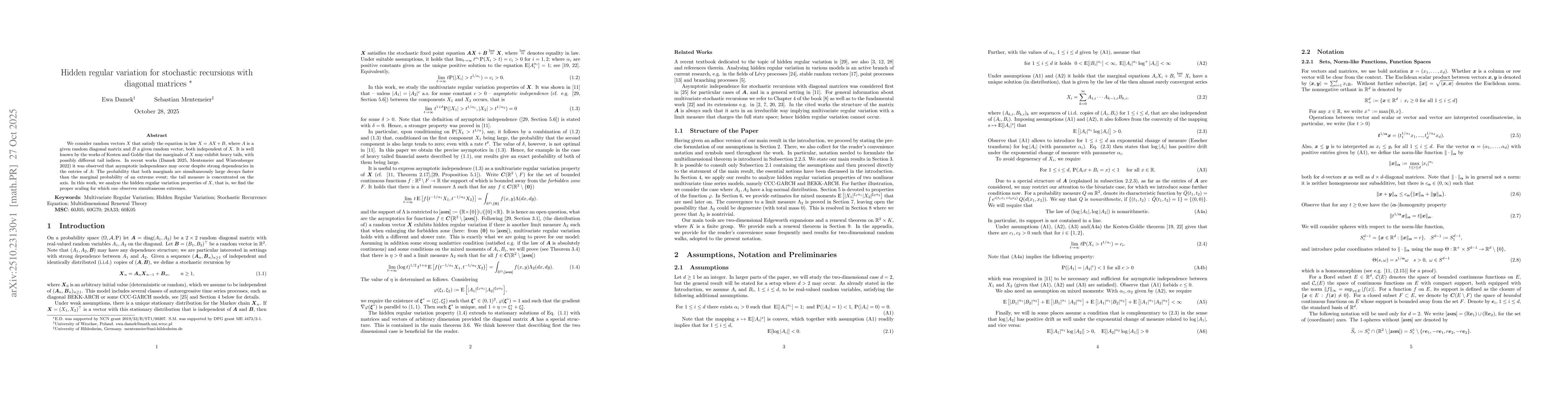 Thumbnail for Hidden regular variation for stochastic recursions with diagonal
  matrices