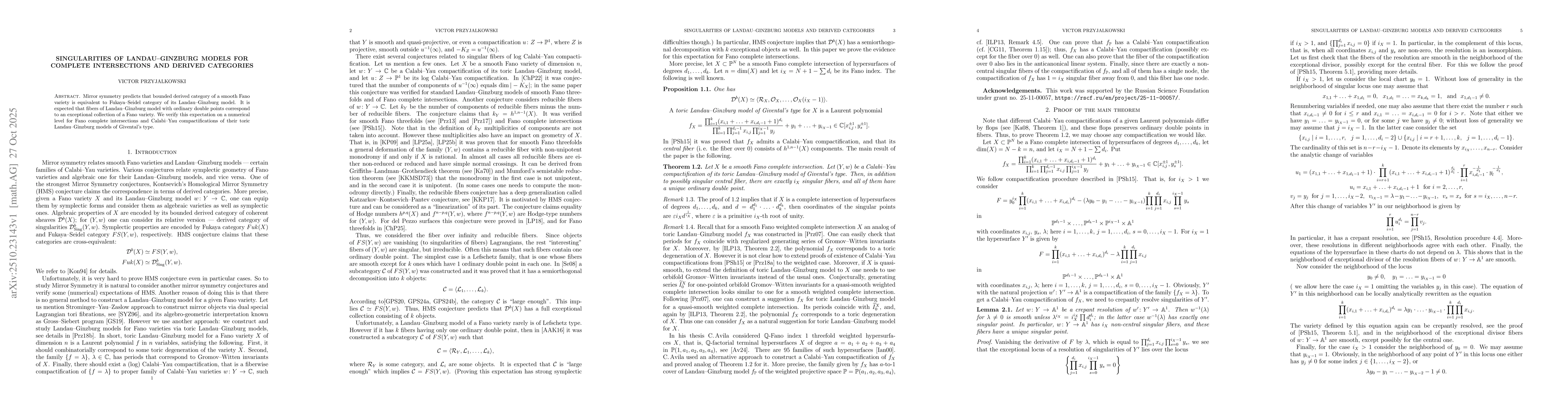 Thumbnail for Singularities of Landau-Ginzburg models for complete intersections and
  derived categories