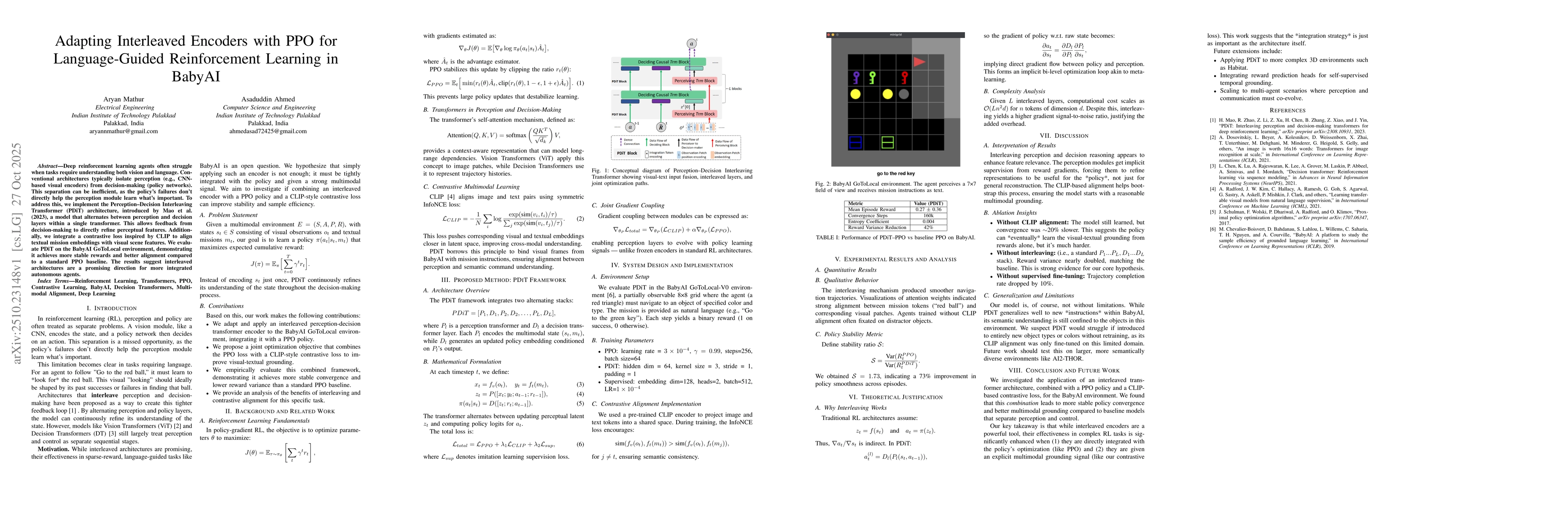 Thumbnail for Adapting Interleaved Encoders with PPO for Language-Guided Reinforcement
  Learning in BabyAI