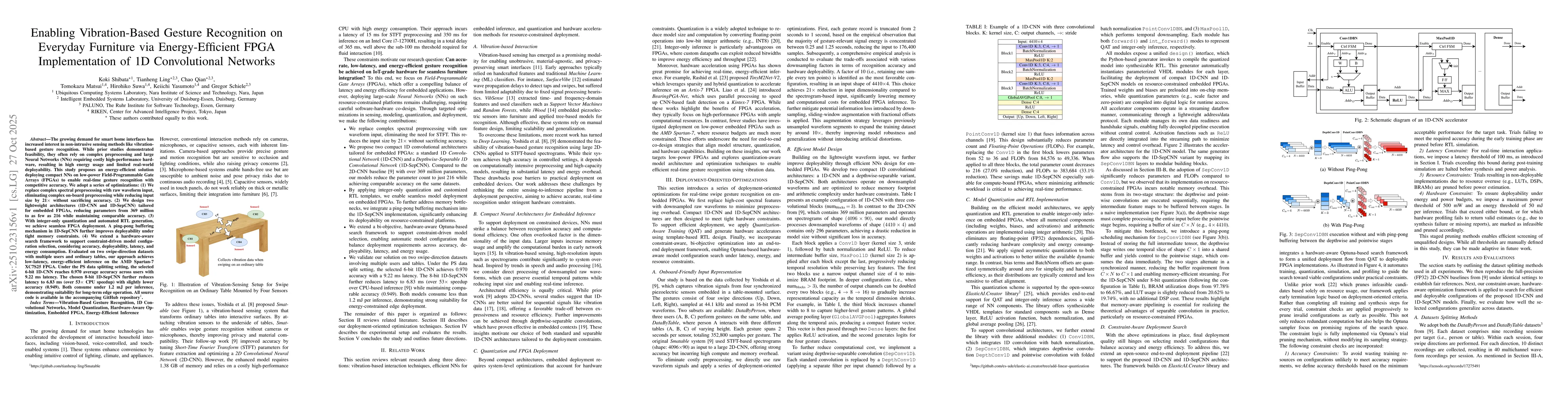 Thumbnail for Enabling Vibration-Based Gesture Recognition on Everyday Furniture via
  Energy-Efficient FPGA Implementation of 1D Convolutional Networks