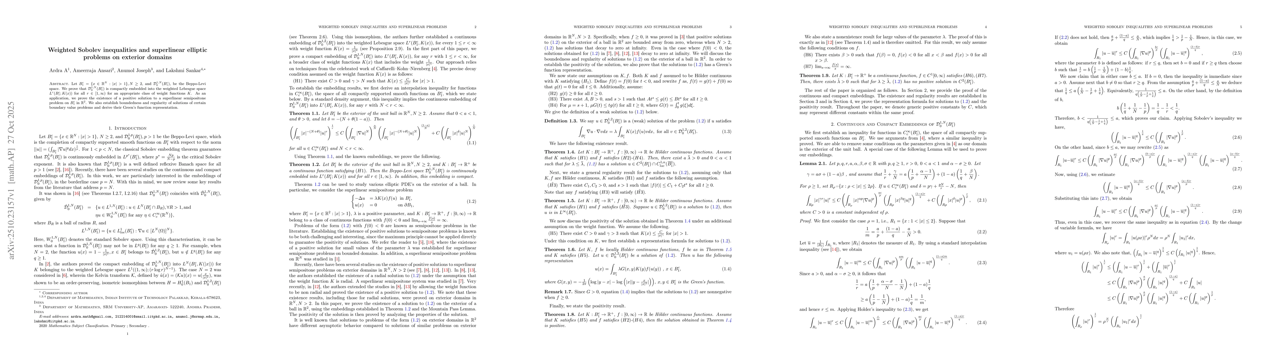 Thumbnail for Weighted Sobolev inequalities and superlinear elliptic problems on
  exterior domains