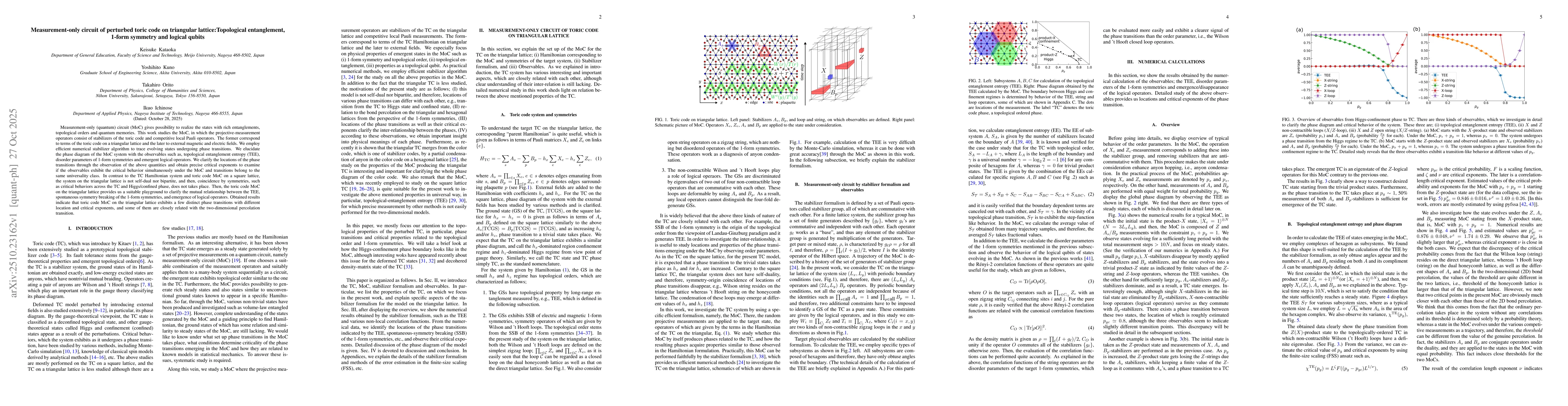 Thumbnail for Measurement-only circuit of perturbed toric code on triangular lattice:
  Topological entanglement, 1-form symmetry and logical qubits