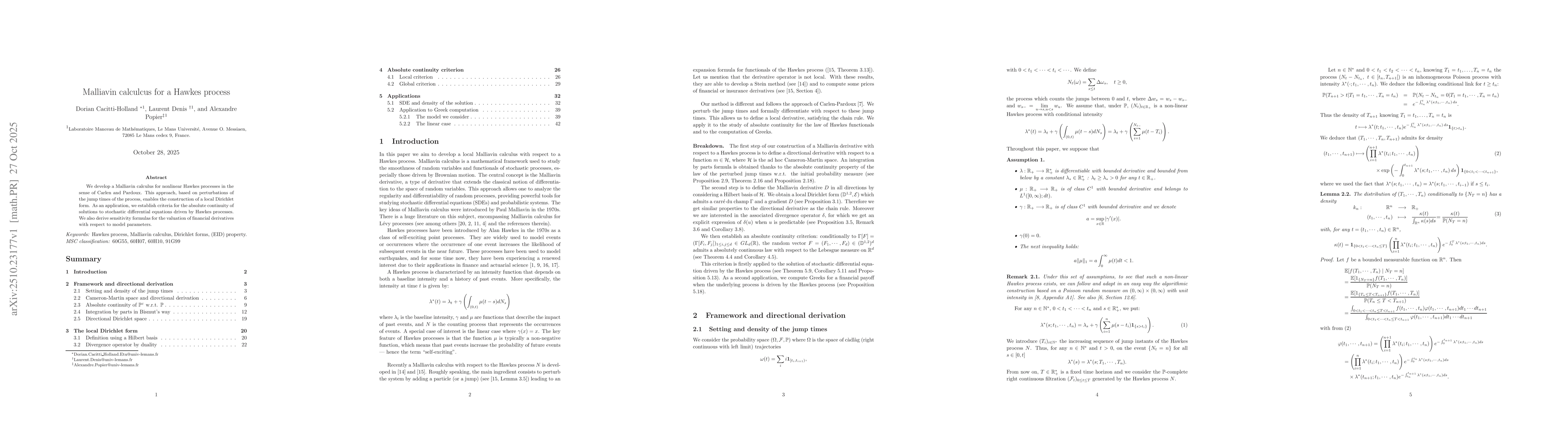 Thumbnail for Malliavin calculcus for a Hawkes process