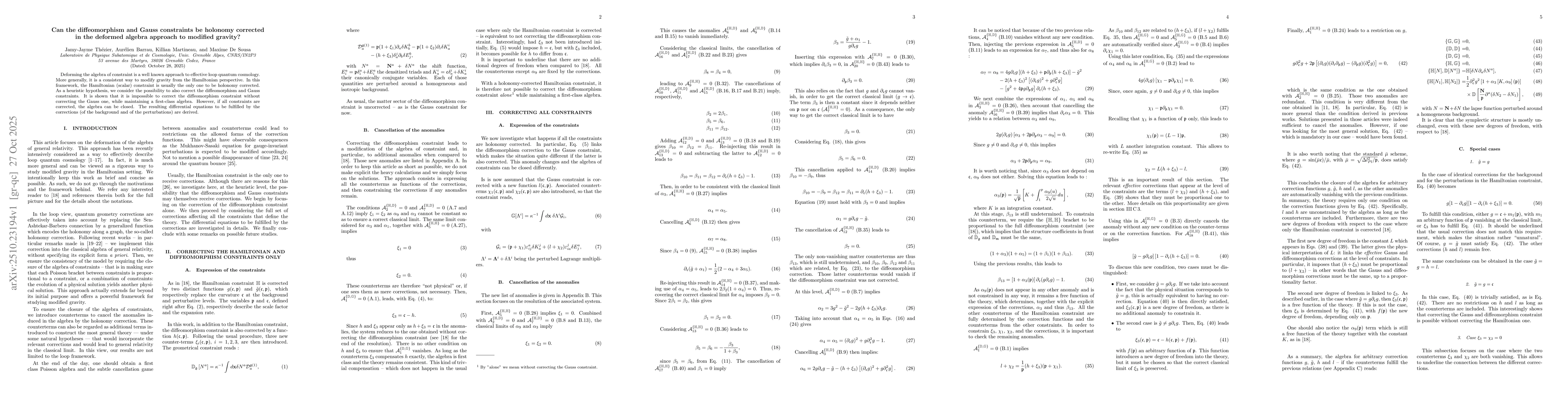 Thumbnail for Can the diffeomorphism and Gauss constraints be holonomy corrected in
  the deformed algebra approach to modified gravity?
